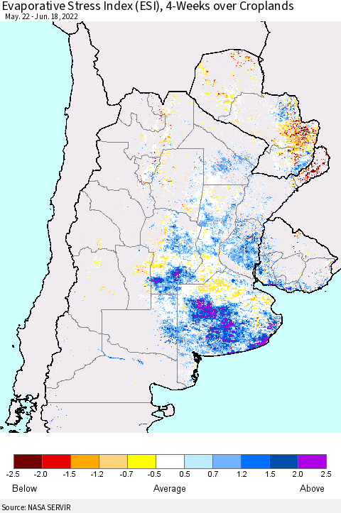 Southern South America Evaporative Stress Index (ESI), 4-Weeks over Croplands Thematic Map For 6/13/2022 - 6/19/2022