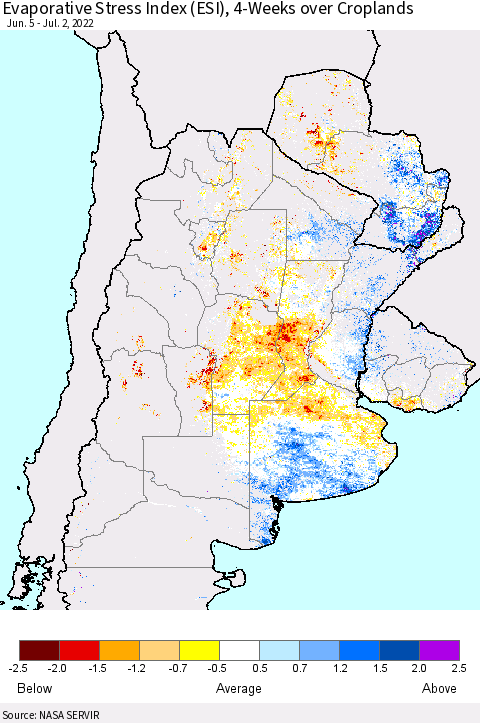 Southern South America Evaporative Stress Index (ESI), 4-Weeks over Croplands Thematic Map For 6/27/2022 - 7/3/2022