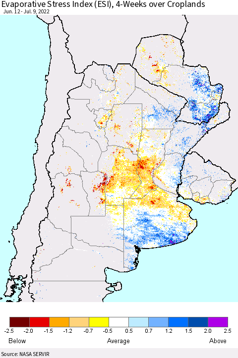 Southern South America Evaporative Stress Index (ESI), 4-Weeks over Croplands Thematic Map For 7/4/2022 - 7/10/2022