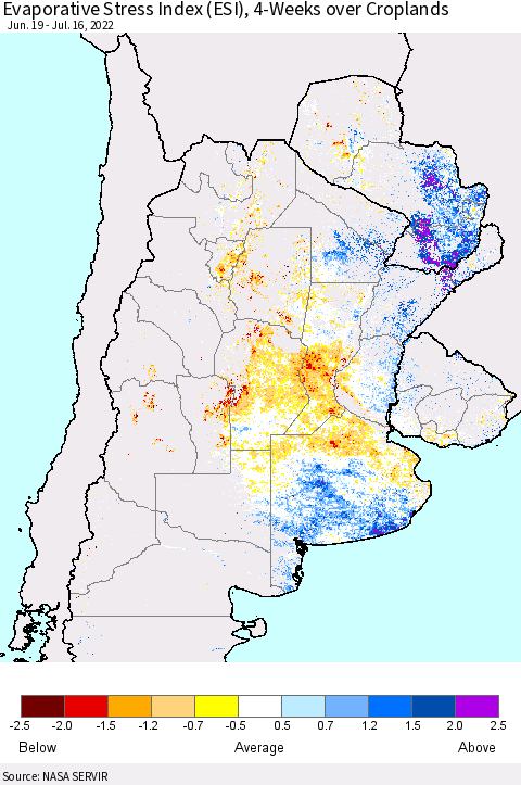 Southern South America Evaporative Stress Index (ESI), 4-Weeks over Croplands Thematic Map For 7/11/2022 - 7/17/2022