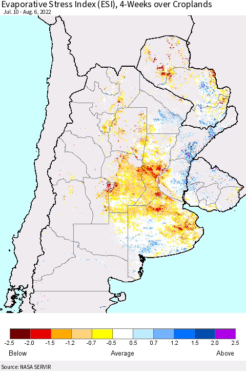 Southern South America Evaporative Stress Index (ESI), 4-Weeks over Croplands Thematic Map For 8/1/2022 - 8/7/2022