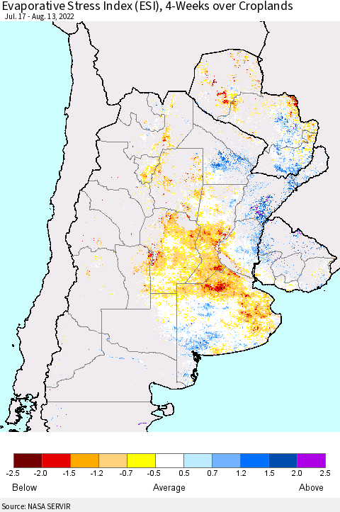 Southern South America Evaporative Stress Index (ESI), 4-Weeks over Croplands Thematic Map For 8/8/2022 - 8/14/2022