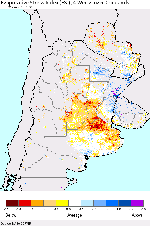 Southern South America Evaporative Stress Index (ESI), 4-Weeks over Croplands Thematic Map For 8/15/2022 - 8/21/2022