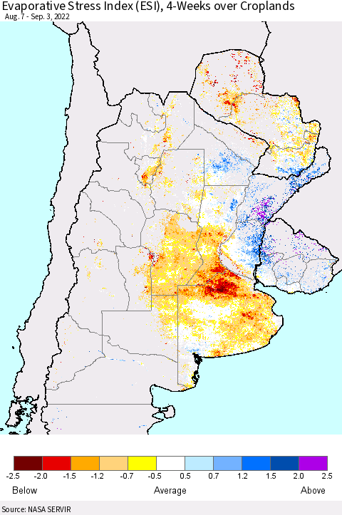 Southern South America Evaporative Stress Index (ESI), 4-Weeks over Croplands Thematic Map For 8/29/2022 - 9/4/2022