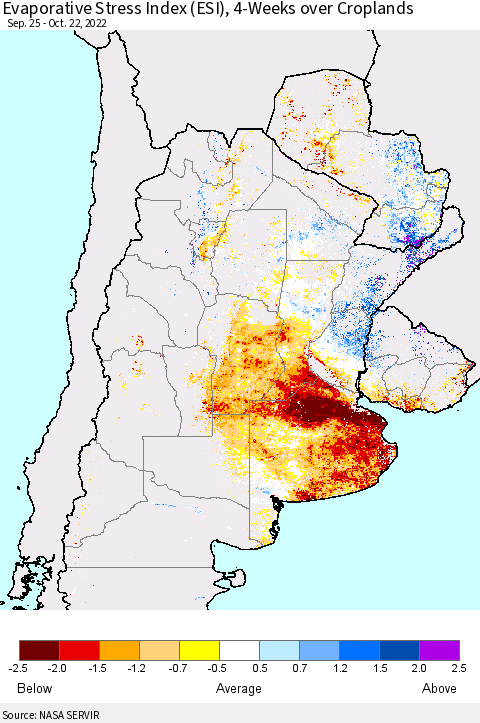 Southern South America Evaporative Stress Index (ESI), 4-Weeks over Croplands Thematic Map For 10/17/2022 - 10/23/2022