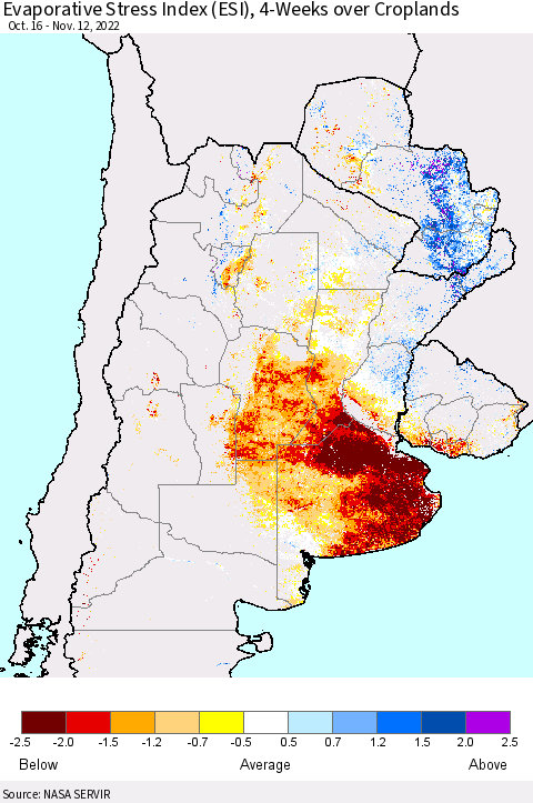 Southern South America Evaporative Stress Index (ESI), 4-Weeks over Croplands Thematic Map For 11/7/2022 - 11/13/2022