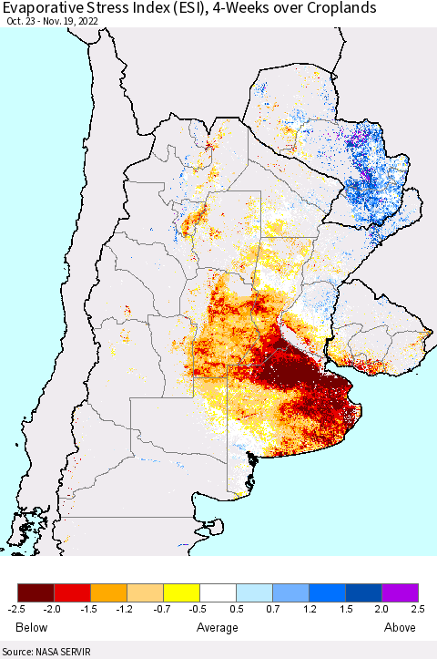 Southern South America Evaporative Stress Index (ESI), 4-Weeks over Croplands Thematic Map For 11/14/2022 - 11/20/2022