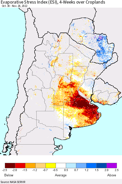 Southern South America Evaporative Stress Index (ESI), 4-Weeks over Croplands Thematic Map For 11/21/2022 - 11/27/2022