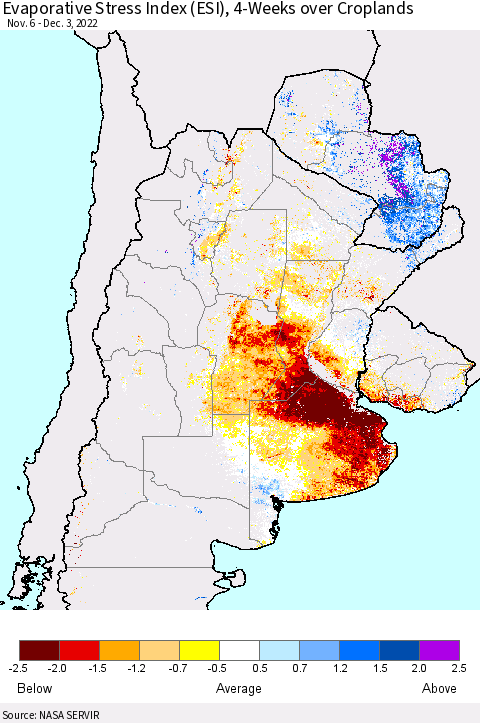Southern South America Evaporative Stress Index (ESI), 4-Weeks over Croplands Thematic Map For 11/28/2022 - 12/4/2022