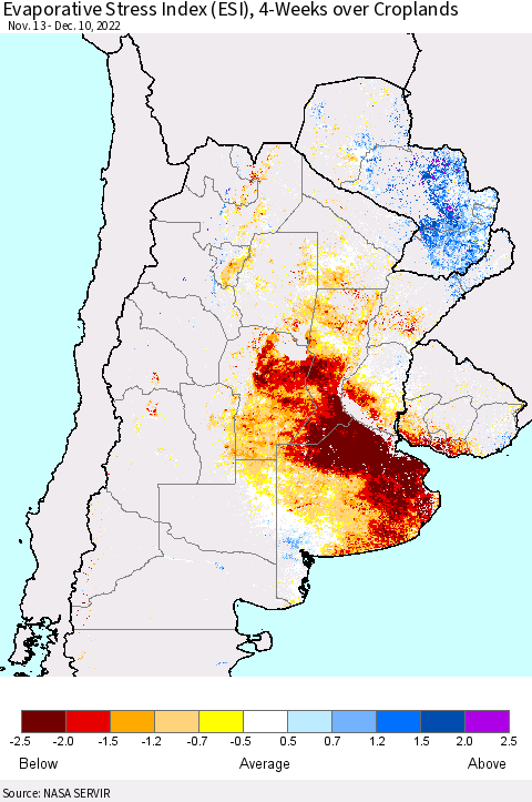 Southern South America Evaporative Stress Index (ESI), 4-Weeks over Croplands Thematic Map For 12/5/2022 - 12/11/2022
