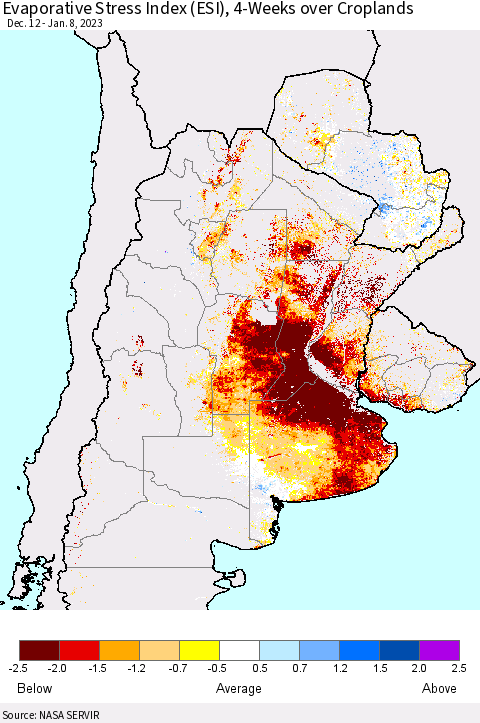 Southern South America Evaporative Stress Index (ESI), 4-Weeks over Croplands Thematic Map For 1/2/2023 - 1/8/2023
