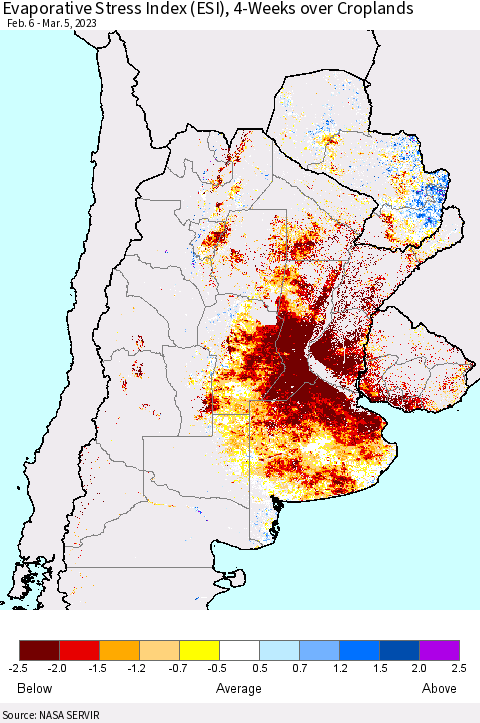 Southern South America Evaporative Stress Index (ESI), 4-Weeks over Croplands Thematic Map For 2/27/2023 - 3/5/2023