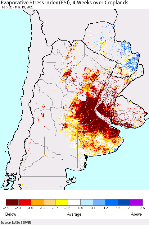 Southern South America Evaporative Stress Index (ESI), 4-Weeks over Croplands Thematic Map For 3/13/2023 - 3/19/2023