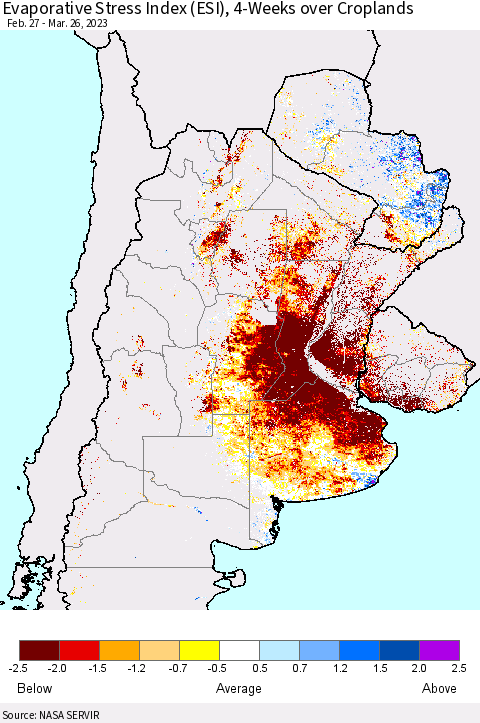 Southern South America Evaporative Stress Index (ESI), 4-Weeks over Croplands Thematic Map For 3/20/2023 - 3/26/2023
