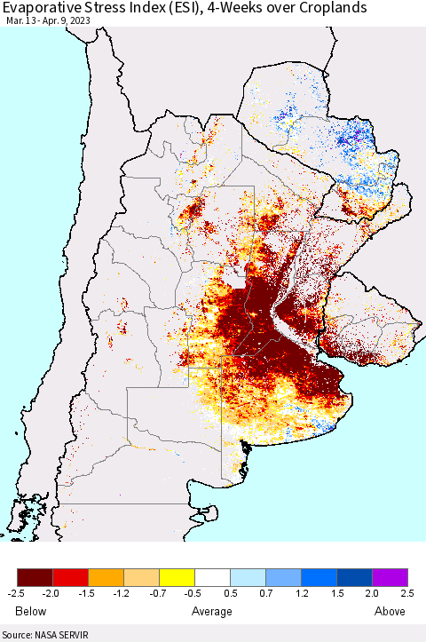 Southern South America Evaporative Stress Index (ESI), 4-Weeks over Croplands Thematic Map For 4/3/2023 - 4/9/2023