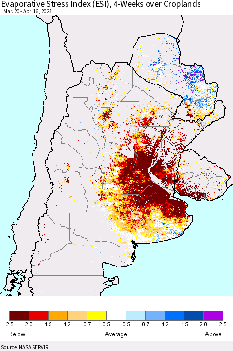 Southern South America Evaporative Stress Index (ESI), 4-Weeks over Croplands Thematic Map For 4/10/2023 - 4/16/2023