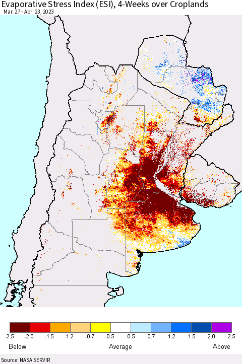 Southern South America Evaporative Stress Index (ESI), 4-Weeks over Croplands Thematic Map For 4/17/2023 - 4/23/2023
