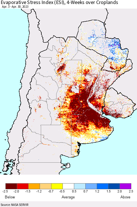 Southern South America Evaporative Stress Index (ESI), 4-Weeks over Croplands Thematic Map For 4/24/2023 - 4/30/2023