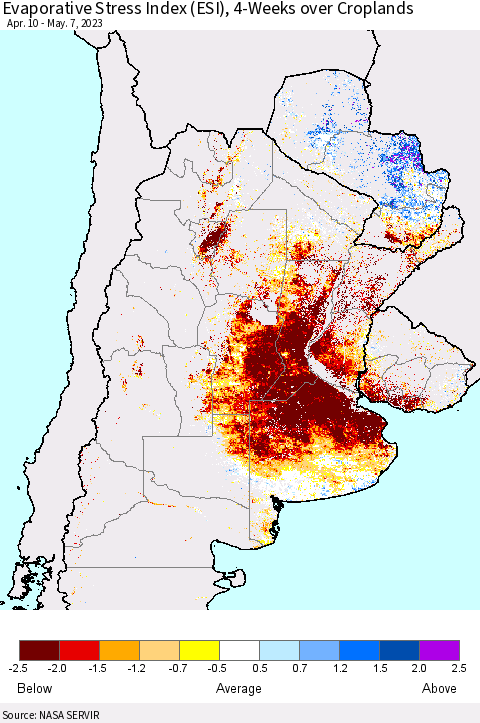 Southern South America Evaporative Stress Index (ESI), 4-Weeks over Croplands Thematic Map For 5/1/2023 - 5/7/2023