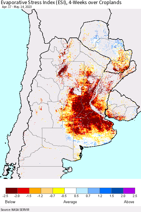 Southern South America Evaporative Stress Index (ESI), 4-Weeks over Croplands Thematic Map For 5/8/2023 - 5/14/2023