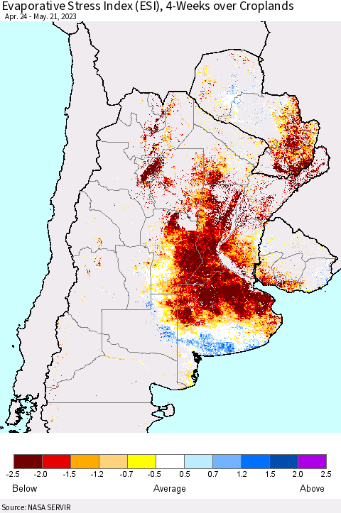 Southern South America Evaporative Stress Index (ESI), 4-Weeks over Croplands Thematic Map For 5/15/2023 - 5/21/2023