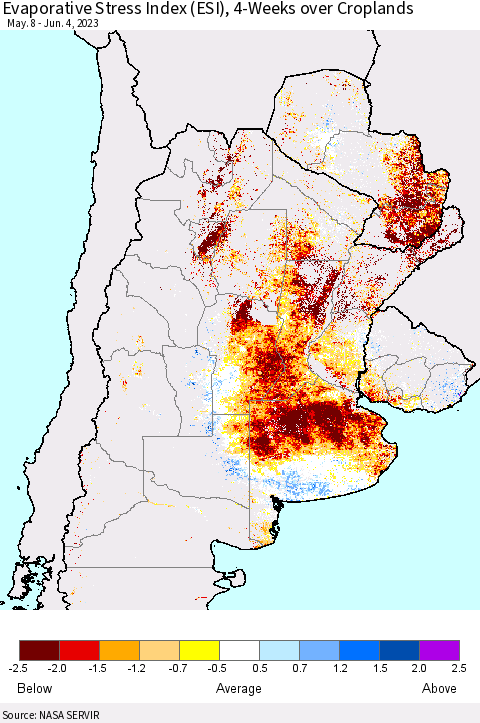 Southern South America Evaporative Stress Index (ESI), 4-Weeks over Croplands Thematic Map For 5/29/2023 - 6/4/2023