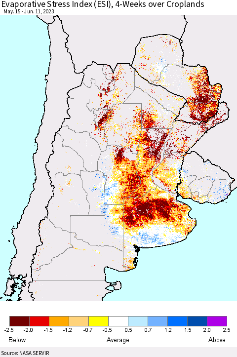 Southern South America Evaporative Stress Index (ESI), 4-Weeks over Croplands Thematic Map For 6/5/2023 - 6/11/2023