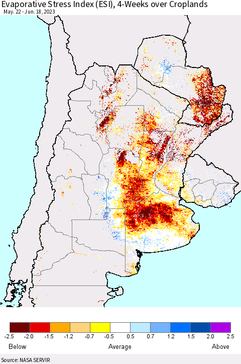 Southern South America Evaporative Stress Index (ESI), 4-Weeks over Croplands Thematic Map For 6/12/2023 - 6/18/2023