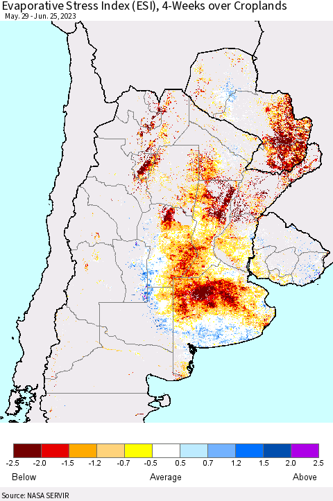 Southern South America Evaporative Stress Index (ESI), 4-Weeks over Croplands Thematic Map For 6/19/2023 - 6/25/2023