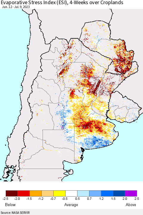 Southern South America Evaporative Stress Index (ESI), 4-Weeks over Croplands Thematic Map For 7/3/2023 - 7/9/2023