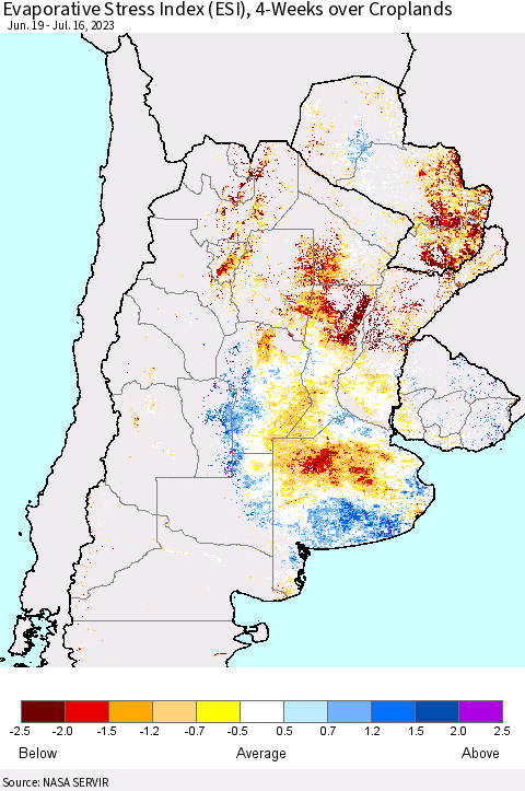 Southern South America Evaporative Stress Index (ESI), 4-Weeks over Croplands Thematic Map For 7/10/2023 - 7/16/2023