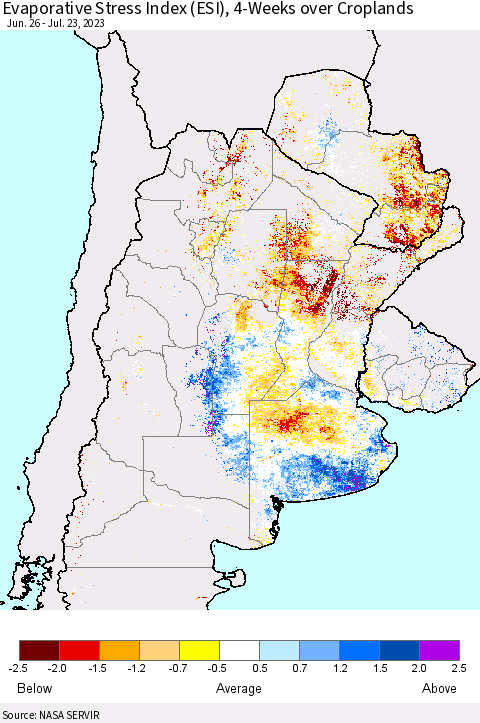 Southern South America Evaporative Stress Index (ESI), 4-Weeks over Croplands Thematic Map For 7/17/2023 - 7/23/2023