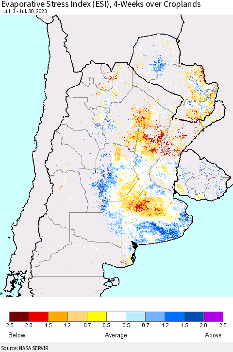 Southern South America Evaporative Stress Index (ESI), 4-Weeks over Croplands Thematic Map For 7/24/2023 - 7/30/2023