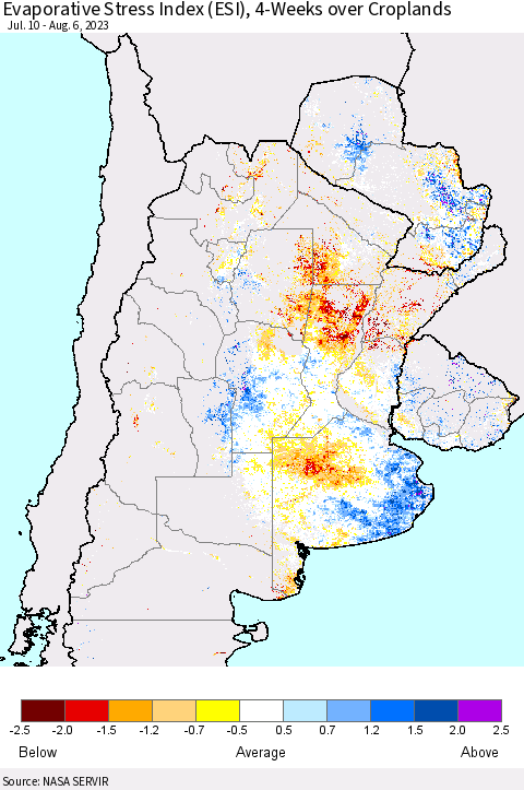Southern South America Evaporative Stress Index (ESI), 4-Weeks over Croplands Thematic Map For 7/31/2023 - 8/6/2023