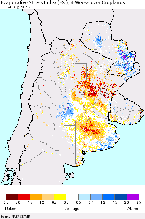 Southern South America Evaporative Stress Index (ESI), 4-Weeks over Croplands Thematic Map For 8/14/2023 - 8/20/2023