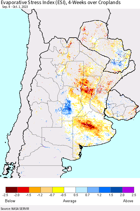 Southern South America Evaporative Stress Index (ESI), 4-Weeks over Croplands Thematic Map For 9/25/2023 - 10/1/2023