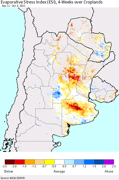 Southern South America Evaporative Stress Index (ESI), 4-Weeks over Croplands Thematic Map For 10/2/2023 - 10/8/2023