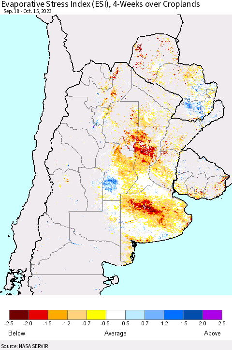 Southern South America Evaporative Stress Index (ESI), 4-Weeks over Croplands Thematic Map For 10/9/2023 - 10/15/2023