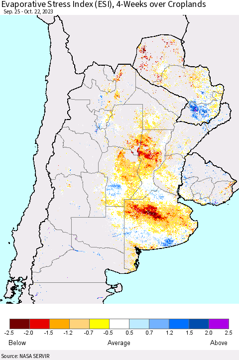 Southern South America Evaporative Stress Index (ESI), 4-Weeks over Croplands Thematic Map For 10/16/2023 - 10/22/2023