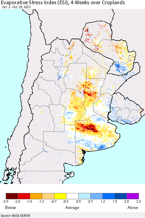 Southern South America Evaporative Stress Index (ESI), 4-Weeks over Croplands Thematic Map For 10/23/2023 - 10/29/2023
