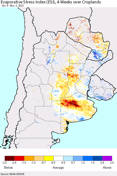 Southern South America Evaporative Stress Index (ESI), 4-Weeks over Croplands Thematic Map For 10/30/2023 - 11/5/2023