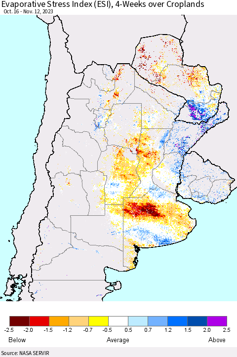 Southern South America Evaporative Stress Index (ESI), 4-Weeks over Croplands Thematic Map For 11/6/2023 - 11/12/2023