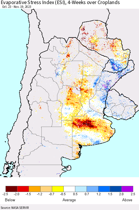 Southern South America Evaporative Stress Index (ESI), 4-Weeks over Croplands Thematic Map For 11/13/2023 - 11/19/2023