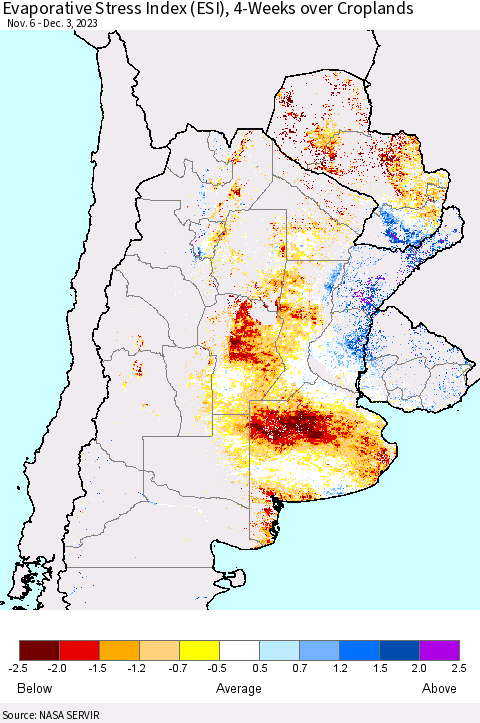 Southern South America Evaporative Stress Index (ESI), 4-Weeks over Croplands Thematic Map For 11/27/2023 - 12/3/2023