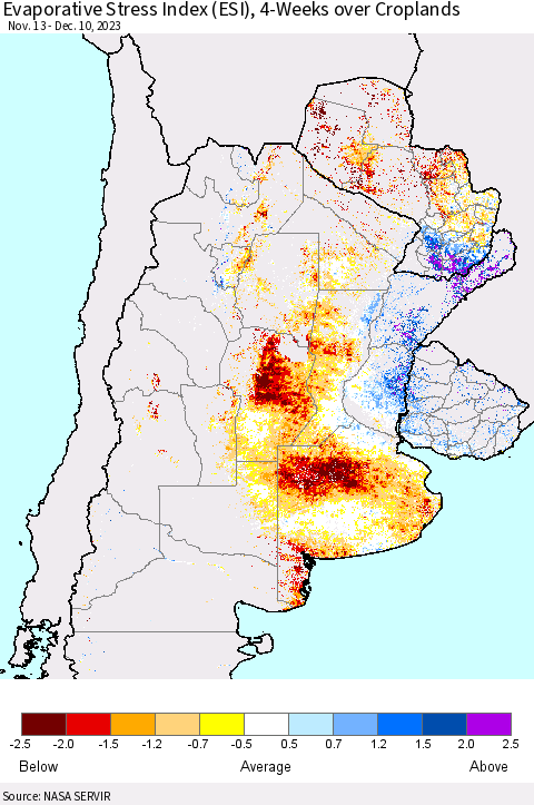 Southern South America Evaporative Stress Index (ESI), 4-Weeks over Croplands Thematic Map For 12/4/2023 - 12/10/2023