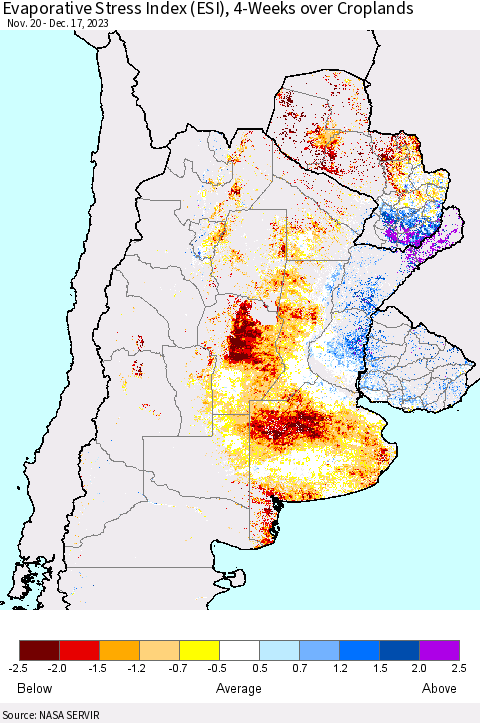 Southern South America Evaporative Stress Index (ESI), 4-Weeks over Croplands Thematic Map For 12/11/2023 - 12/17/2023