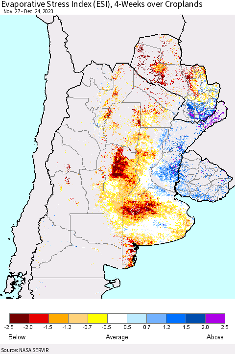 Southern South America Evaporative Stress Index (ESI), 4-Weeks over Croplands Thematic Map For 12/18/2023 - 12/24/2023