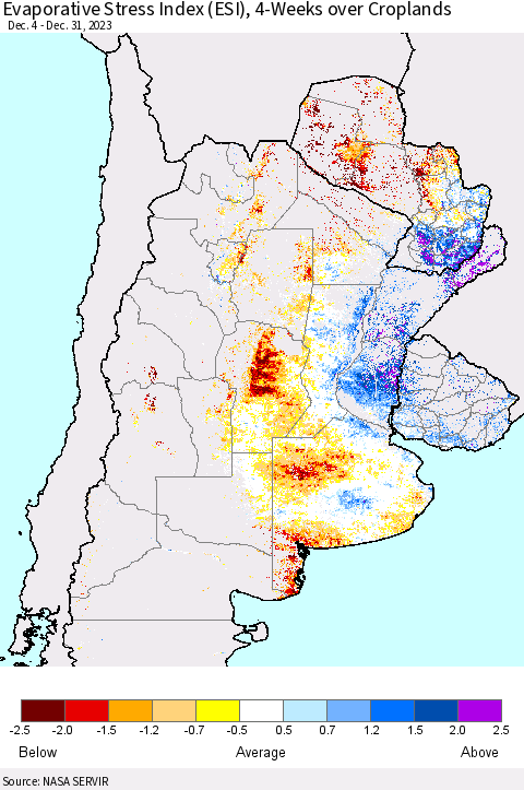 Southern South America Evaporative Stress Index (ESI), 4-Weeks over Croplands Thematic Map For 12/25/2023 - 12/31/2023