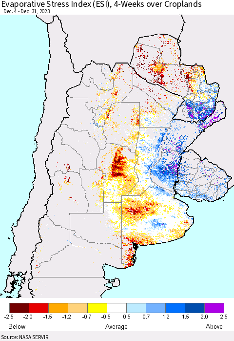 Southern South America Evaporative Stress Index (ESI), 4-Weeks over Croplands Thematic Map For 1/1/2024 - 1/7/2024