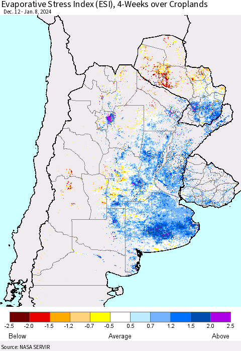 Southern South America Evaporative Stress Index (ESI), 4-Weeks over Croplands Thematic Map For 1/8/2024 - 1/14/2024